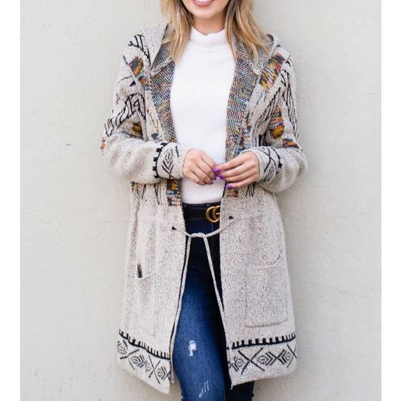 And the Why Sweaters - Aztec Print Hoodie Cardigan with Waist Drawstring